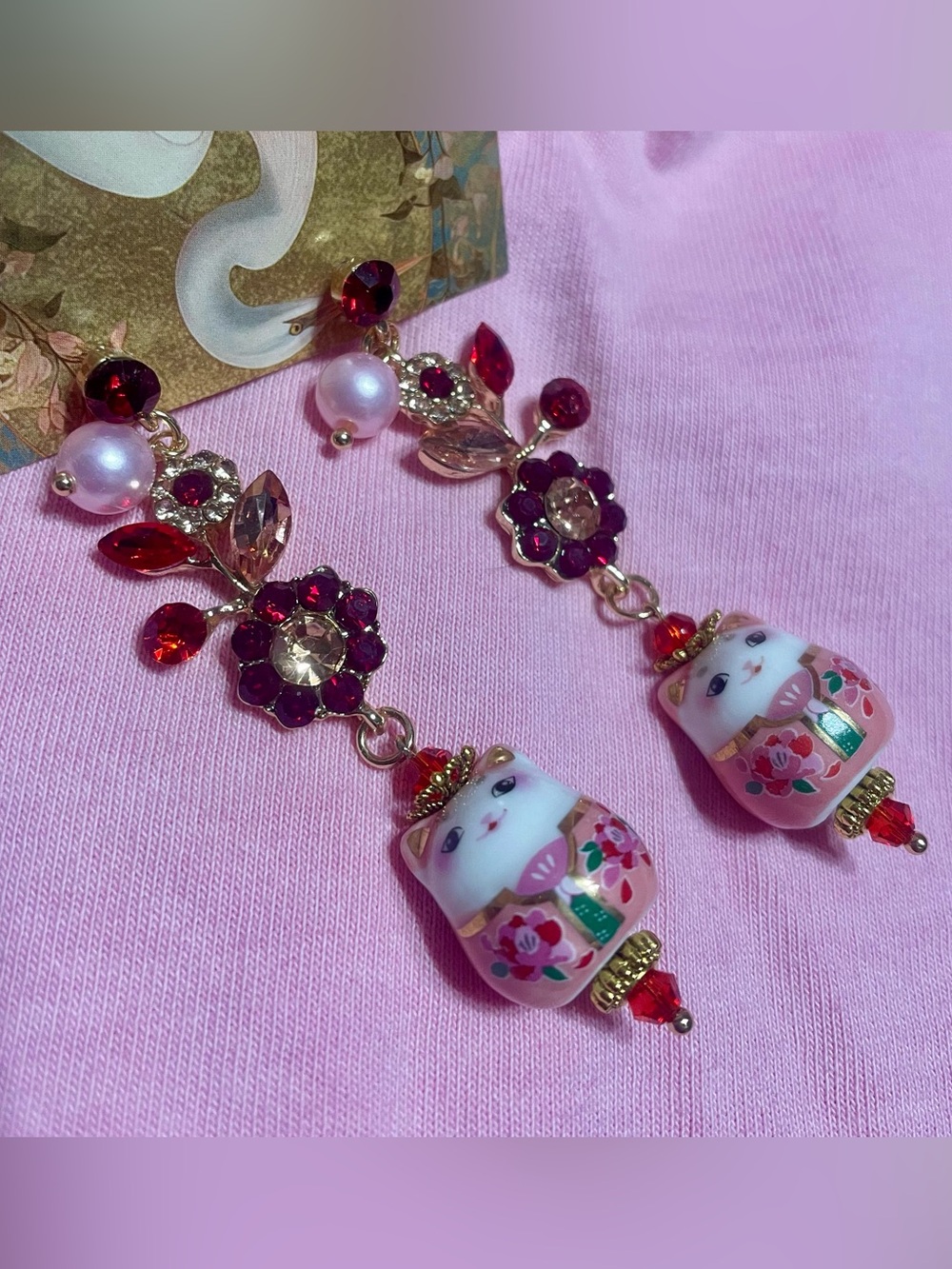 Glamorous Cute Pink Lucky Cat Kawaii Earrings - Picture 7 of 7